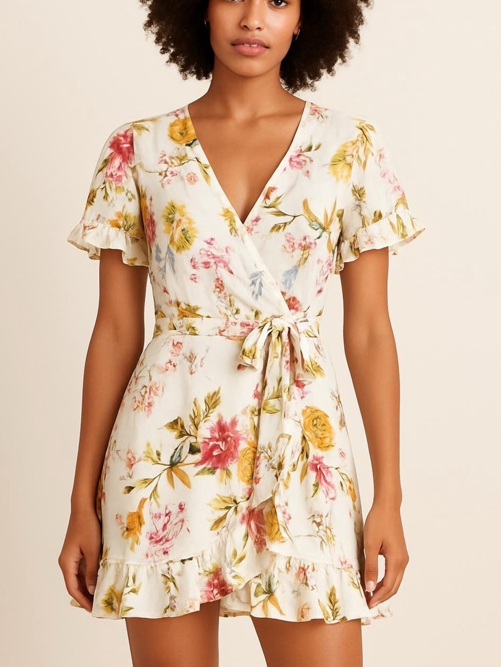 LOFT Floral Wrap Dress White Yellow & Pink Blooms ruffle detailing size 12